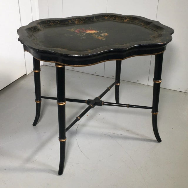 Black Mid 20th Century Vintage English Hand Painted Tole Tray Top Coffee Table For Sale - Image 8 of 8
