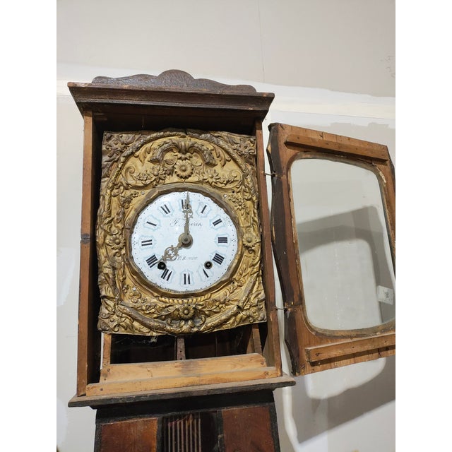 Wood 19th Century French Provincial Comtoise Tall Case Clock With Brass Repoussé Dial & Lyre Pendulum For Sale - Image 7 of 8