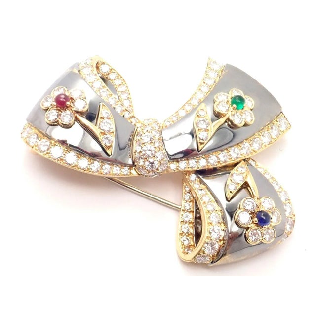 Rare Van Cleef & Arpels 18k Gold Diamond Ruby Emerald Sapphire Flower Pin Brooch For Sale - Image 10 of 12