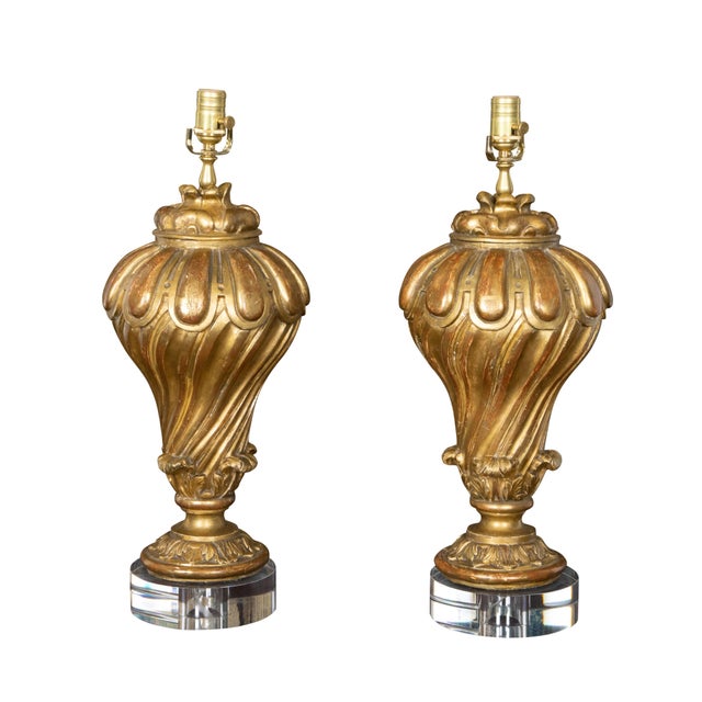 19th Century Italian Carved Giltwood Fragments Made into Lamps on Lucite - a Pair For Sale - Image 4 of 10