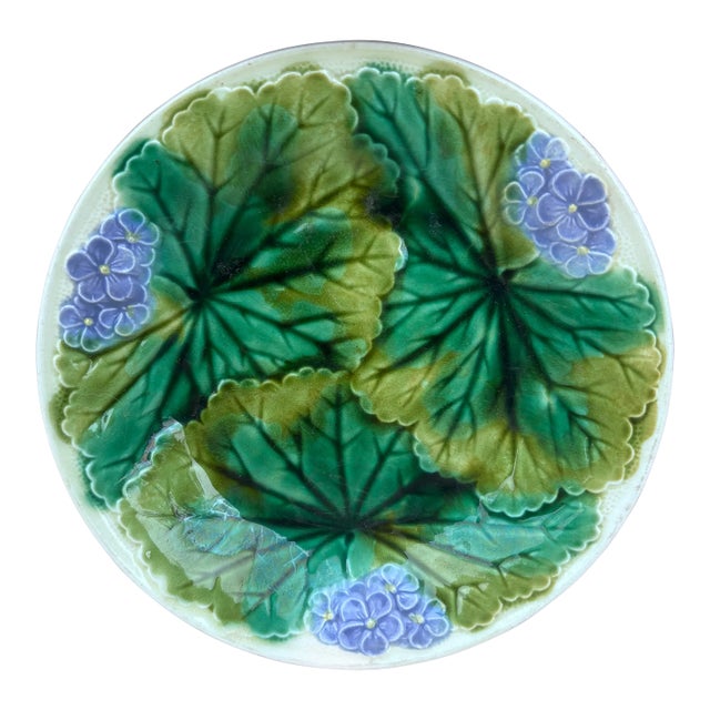 19th Century Majolica Purple Flowers Plate Clairefontaine For Sale