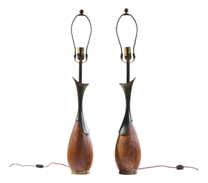 Mid 20th Century Tony Paul for Westwood Industries Mid Century Walnut and Brass Lamps - Pair