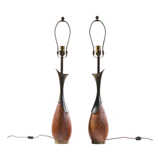 Tony Paul for Westwood Industries Mid Century Walnut and Brass Lamps - Pair For Sale
