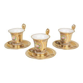 19th Century French Sèvres Gilt Porcelain Cup & Saucer Set of 3 For Sale