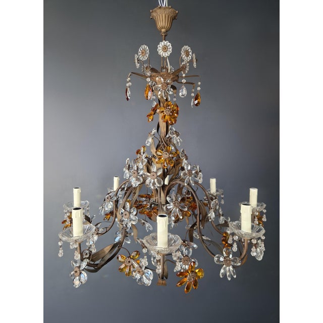 1950s 1950s Amber Crystal Glass Brass Flower Chandelier For Sale - Image 5 of 13