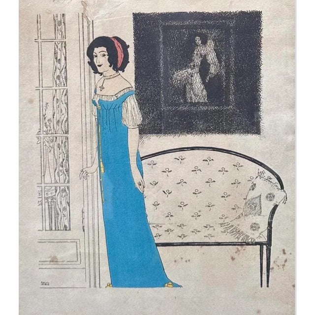 This is an original Pochoir Stencil hand painted fashion plate illustration from 1908 [Watermark Logo cherub on paper...