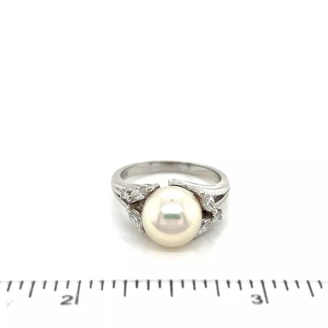 Silver Mikimoto Akoya Pearl Diamonds Platinum Cocktail Ring - Size 6 For Sale - Image 8 of 9