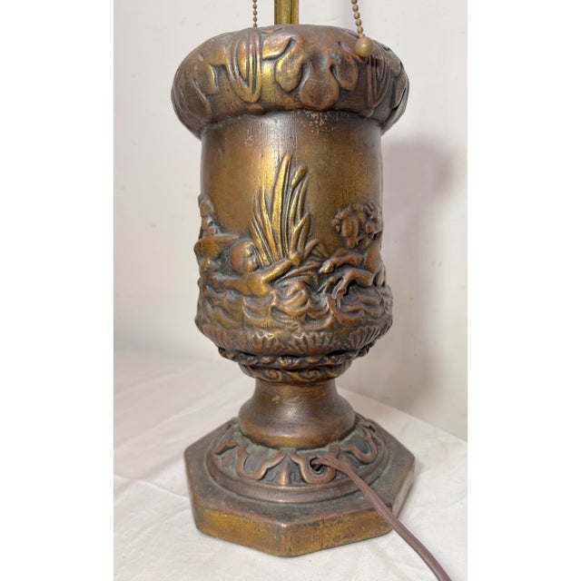 Antique Heavy Bronze Clad Figural Mythology Scene Relief Electric Table Lamp For Sale - Image 11 of 13