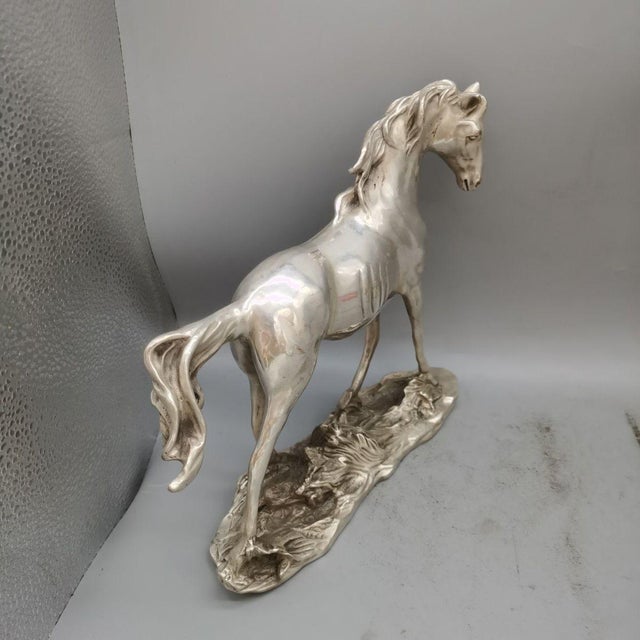 Vintage Silver-Tone Metal Horse Sculpture on Rocky Base For Sale - Image 4 of 9