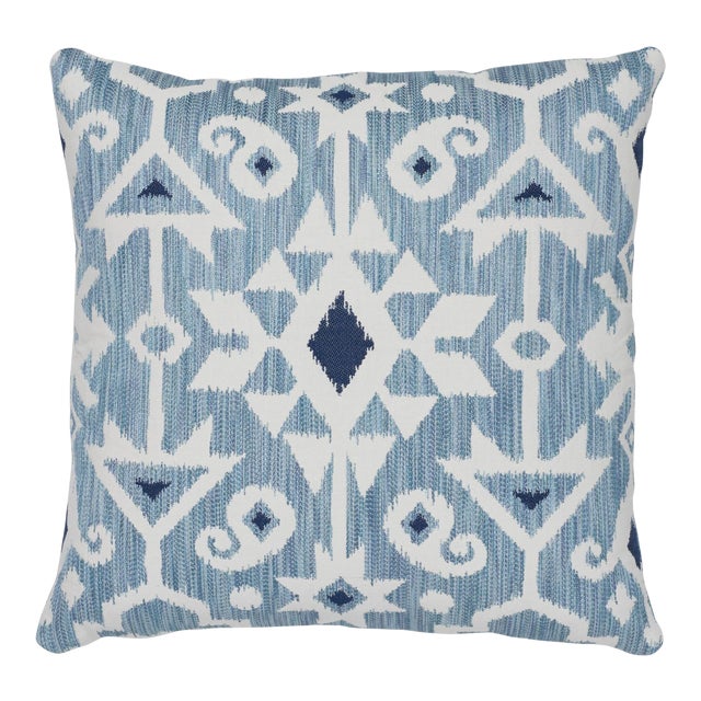 Contemporary Schumacher Crusoe Ikat Sky Two-Sided Cotton Pillow - 20ʺW × 20"H For Sale