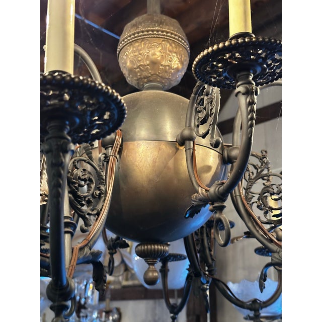 1900 - 1909 Vintage Brass 14 Arm Converted Gas Fixture For Sale - Image 5 of 7