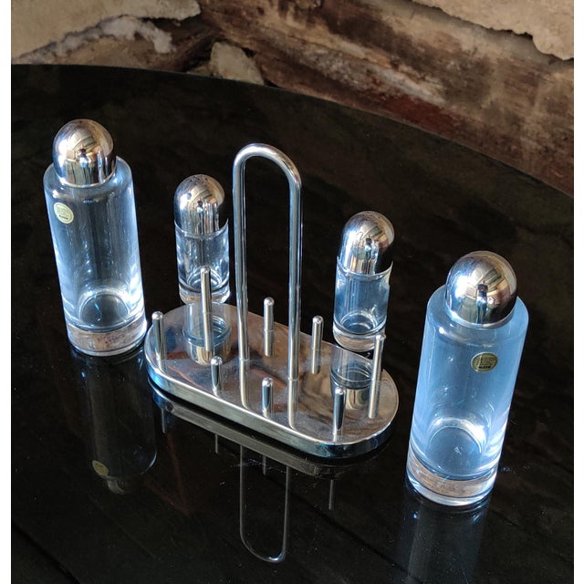 1970s Vintage Alessi condiment set designed by Ettore Sottsass - olive oil, vinegar, salt, pepper - crystal glass -...
