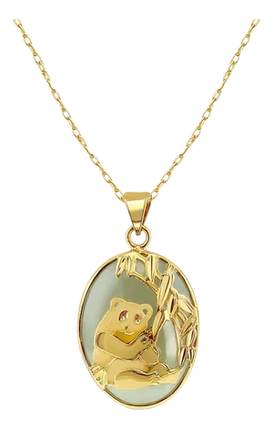 Oval Natural Green Jade Jadeite Necklace with 14k Yellow Gold Panda Design