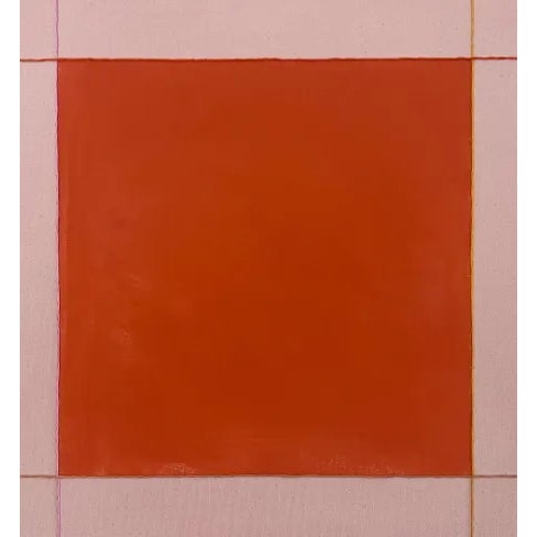Abstract artwork by artist Emily Keating Snyder. A bright, unique shade of orange is paired with a pale pink on top of a...