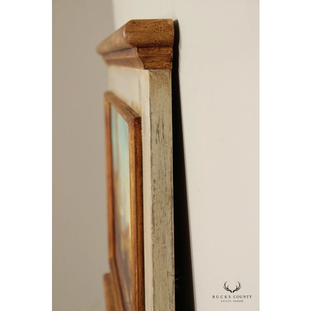 High Quality Antique Distress Painted and Partial Gilt Faux Fireplace Wall Mirror Topped with Painted Landscape