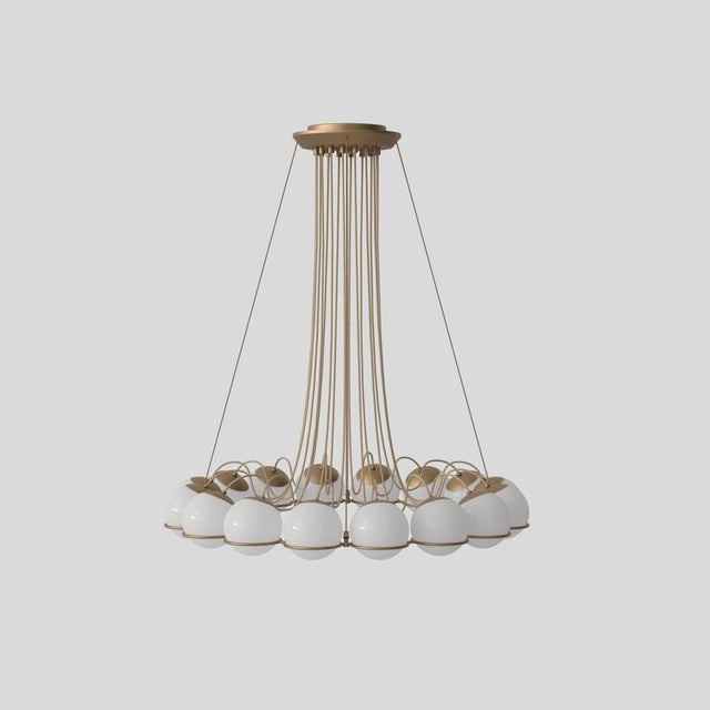 Model 2109 design by gino sarfatti the le sfere chandelier is composed of a circular array of blown opaline glass spheres....