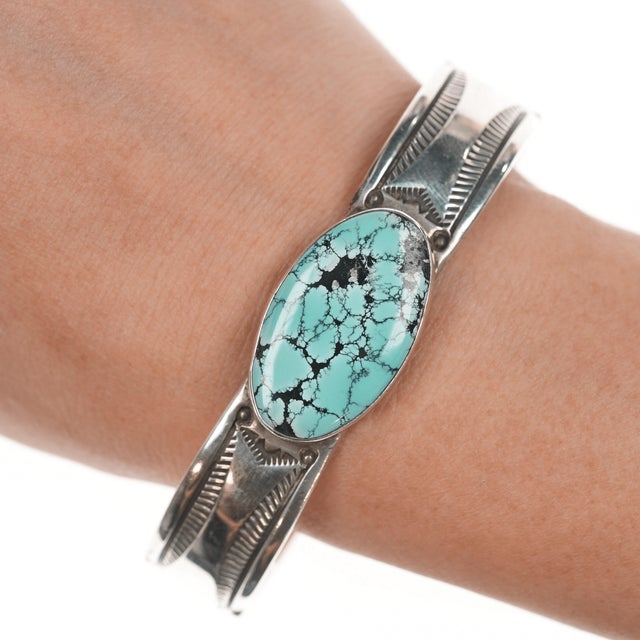 Contemporary 7" AJ Navajo silver and turquoise cuff bracelet For Sale - Image 3 of 11