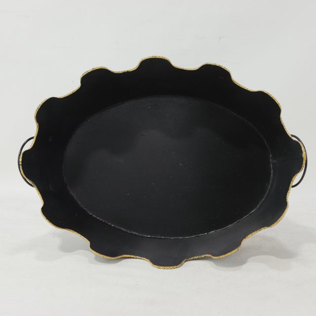 Vintage Hand-Painted Floral Toleware Scalloped Planter – Black and Gold Metal Cachepot For Sale - Image 4 of 10