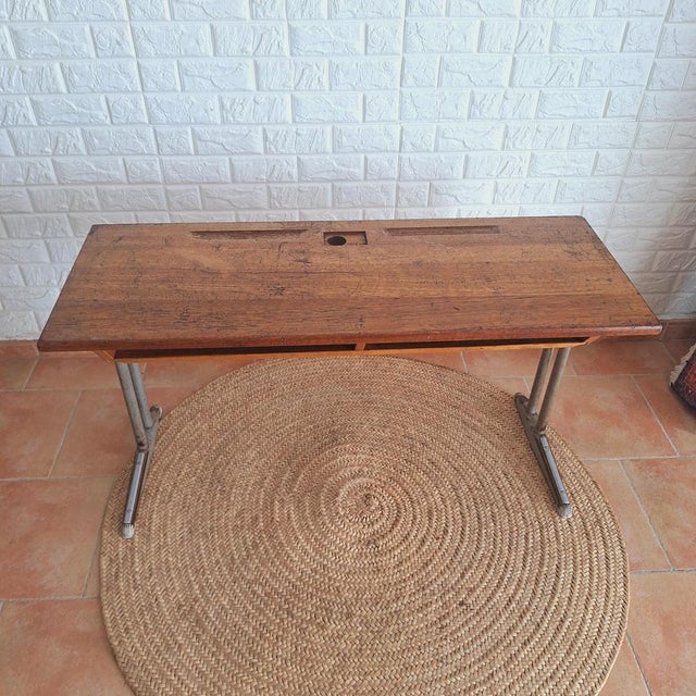 Wood Vintage Two Seats School Desk in Blonde Oak, 1960s For Sale - Image 7 of 18