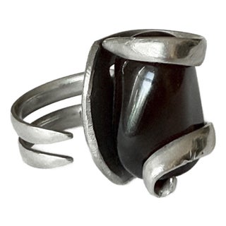 Vintage 1970s Brutalist Modernist Smoky Quartz Statement Ring, Silver-Tone For Sale