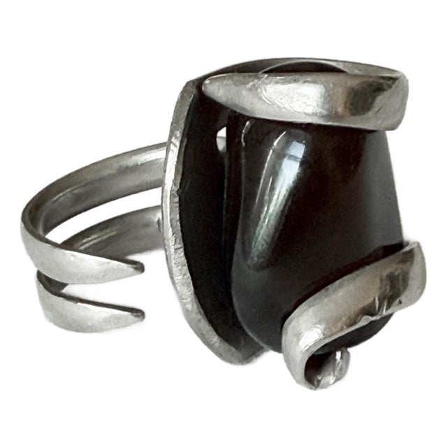 Vintage 1970s Brutalist Modernist Smoky Quartz Statement Ring, Silver-Tone For Sale