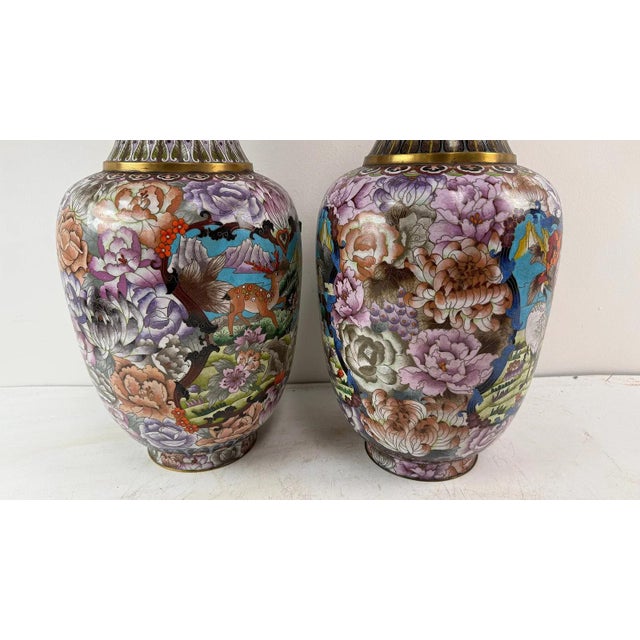 19th Century Pair of Large Chinese Cloisonne Enamel Vases Deer Animals Flowers Pink For Sale - Image 5 of 9