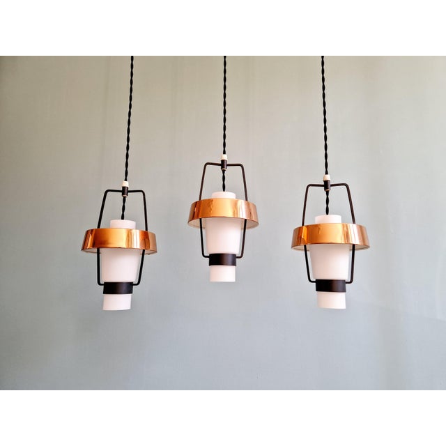 Metal Scandinavian Pendant Lights in White Opaline and Copper Metal, 1960s, Set of 3 For Sale - Image 7 of 18
