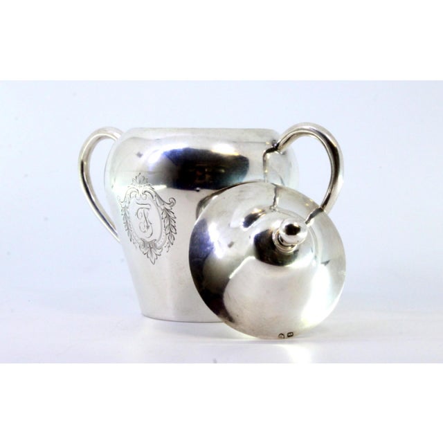 Silver Sugar Bowl with Handles, Engraved Monogram Plaque and Knob Lid For Sale - Image 4 of 8