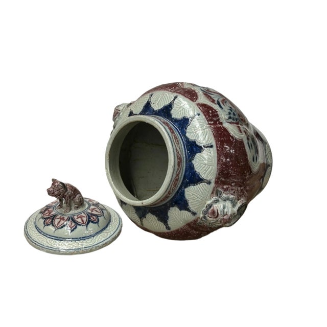 Orient Crackle Blue Red White Floral Graphic Ceramic Jar For Sale - Image 12 of 16