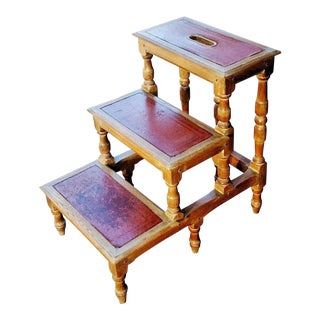 Vintage English Style Joint Carved Oak & Leather Top Library Steps For Sale