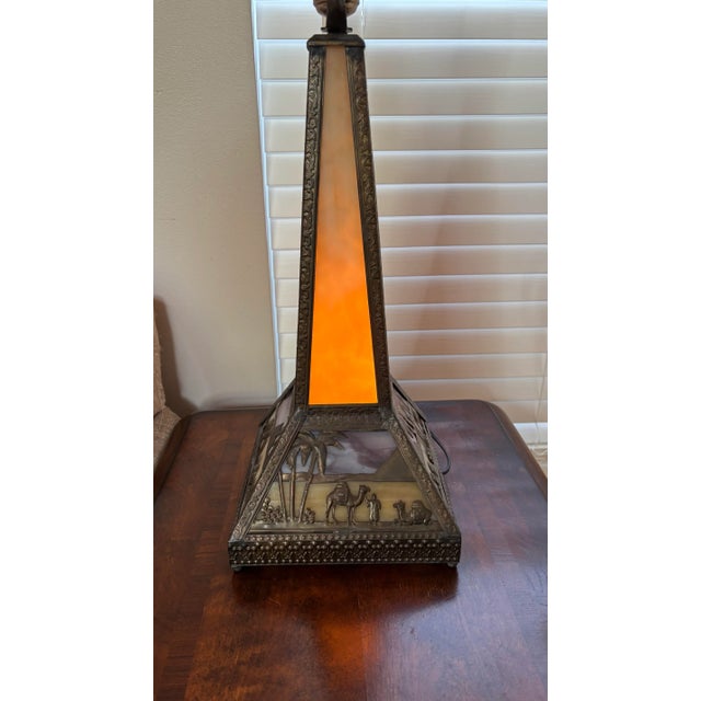Art Nouveau 1920s Antique Meyda Arts & Craft Camel Mission Pyramid Egypt Slag Glass 3 Switch Lamp For Sale - Image 3 of 12