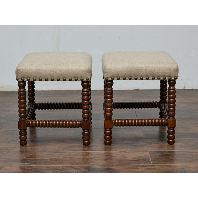 English Pair of English 19th Century Hardwood Bobbin Stools with Linen Upholstery For Sale - Image 3 of 11