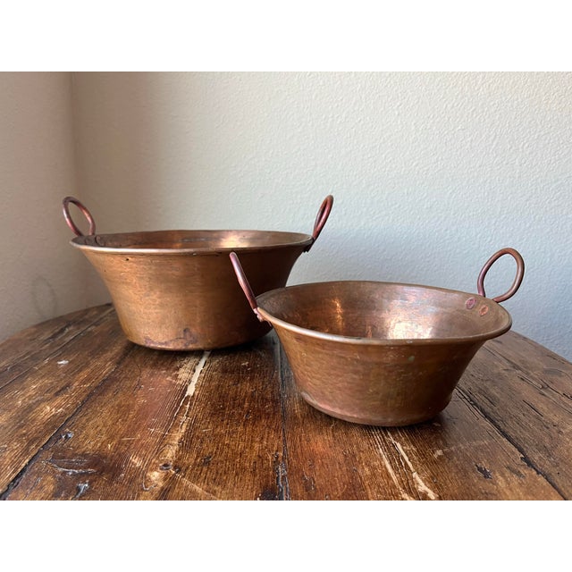 Metal Set of 2 - Antique Hammered Copper Kettle Pot, Jam Pot or Pan With Handles For Sale - Image 7 of 10