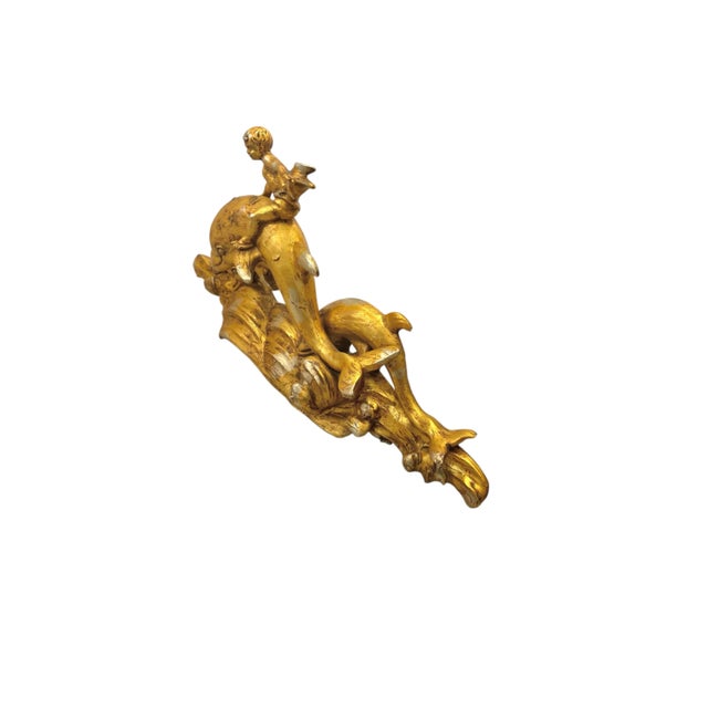 Mid-Century Modern Cherub Riding Dolphin Sculpture, Paul Manship Style, Gold, 46"w For Sale - Image 4 of 8
