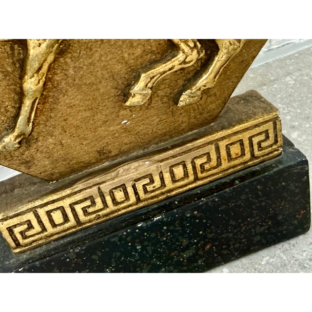 Gold Rare 1930’s Italian Regency Equestrian Bookends by Borghese With Horse & Greek-Key Design in Gold Gilt on a Black Faux Granite Base- A Pair For Sale - Image 8 of 12