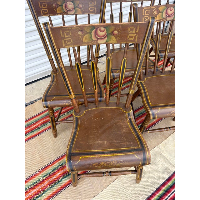 Antique Pennsylvania Folk Art Set of 6 Paint Decorated Arrow-Back Windsor Chairs, Circa 1850s For Sale - Image 12 of 17