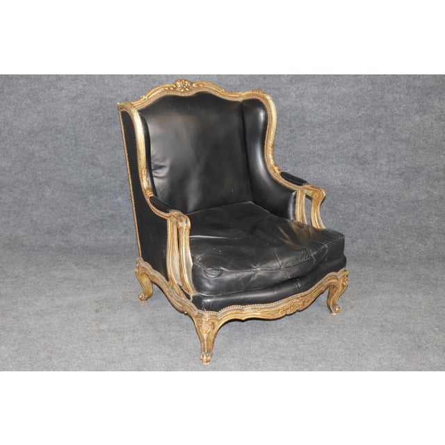 French Maison Jansen Genuine Leather Gilt and Paint Decorated Grand Scale Bergere Chair For Sale - Image 3 of 15