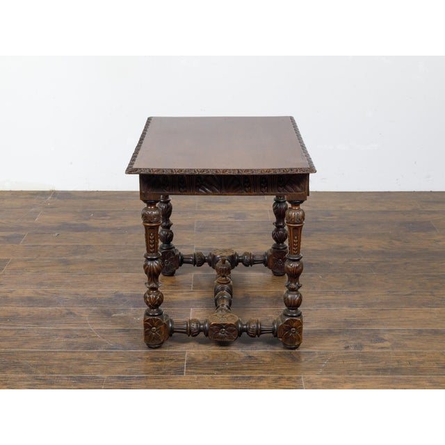 Wood French 19th Century Walnut Side Table with Carved Apron and H-Form Stretcher For Sale - Image 7 of 12