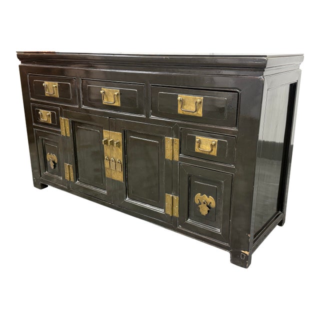 Tianjin Influenced Black Lacquer Sideboard, Vintage For Sale