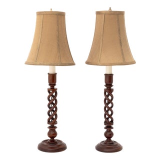 Jacobean Style Mahogany Barley Twist Lamps, 2 For Sale