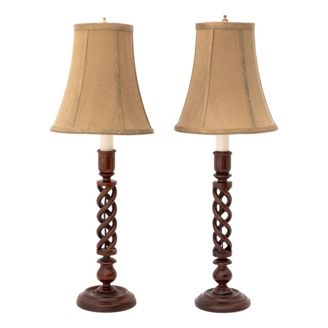 Jacobean Style Mahogany Barley Twist Lamps, 2 For Sale