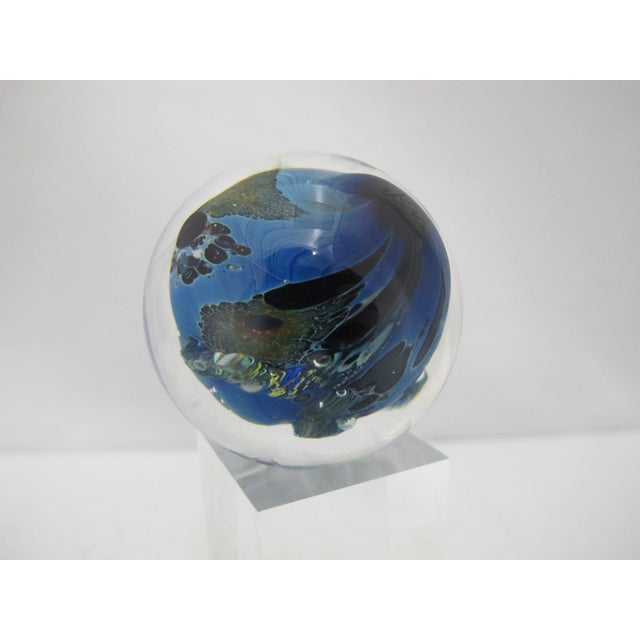 Coastal Josh Simpson Inhabited Planet Earth Art Glass Marble Paperweight & Display Stand For Sale - Image 3 of 10