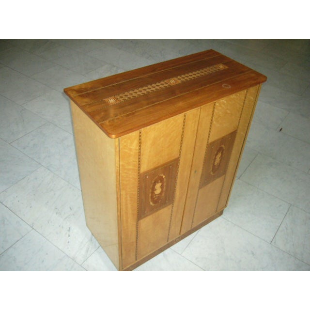 1950s Small Cabinet in Birds-Eye Maple with Inlays and Painted Doors, 1950s For Sale - Image 5 of 8