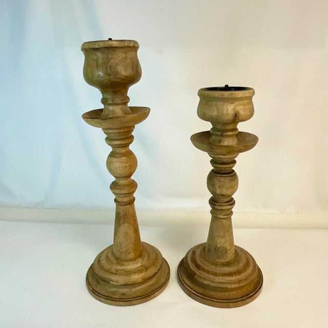 Vintage Italian Rustic European Ceruse Wood Pillar Candle Holders - Set of 2. For Sale - Image 4 of 12