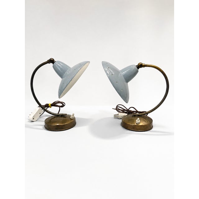 Vintage Italian Brass and Powder Blue Aluminum Table Lamps from Stilnovo, 1950s, Set of 2 For Sale - Image 9 of 9