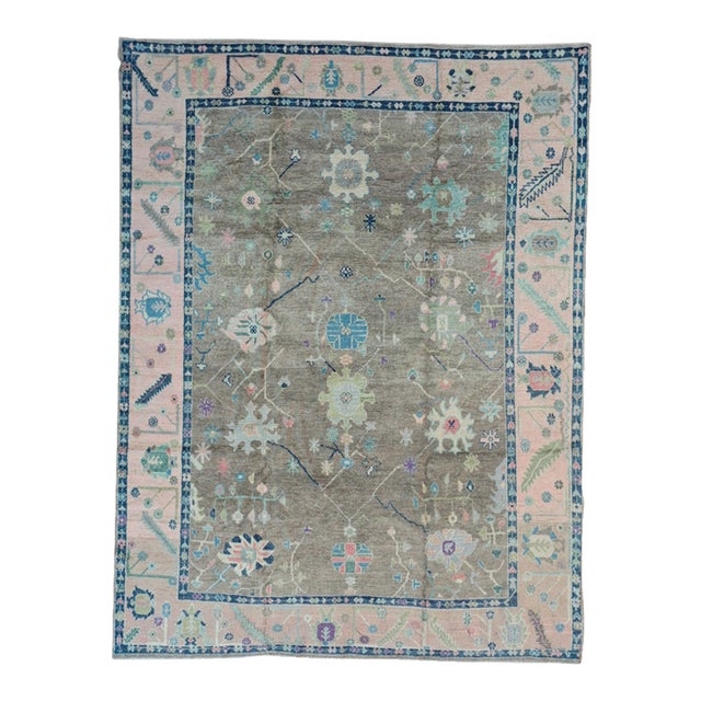 Contemporary Turkish Oushak Rug in Warm Brown With Soft Pink Border and Floral Motifs, 9'x12' For Sale
