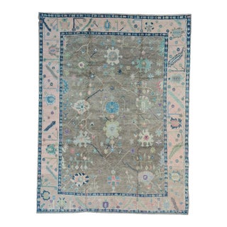 Contemporary Turkish Oushak Rug in Warn Brown With Soft Pink Border and Floral Motifs, 9'x12' For Sale