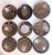 Offered is a set of 9 wheel-thrown glazed stoneware plates made in the late 1990s. They are each different on the surface...