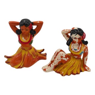 1950s Mid-Century Hawaiian Sitting Hula Girl Ceramic Figure Statue Set, Pair For Sale