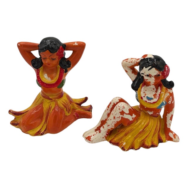 1950s Mid-Century Hawaiian Sitting Hula Girl Ceramic Figure Statue Set, Pair For Sale